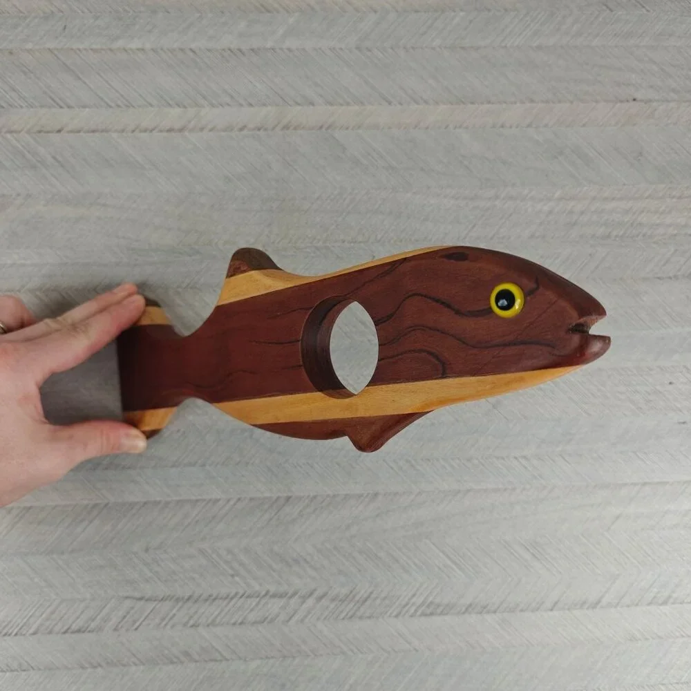 Vintage Hand Crafted Wooden Fish Wine Bottle Holder By Frank Pal Artisan Decor